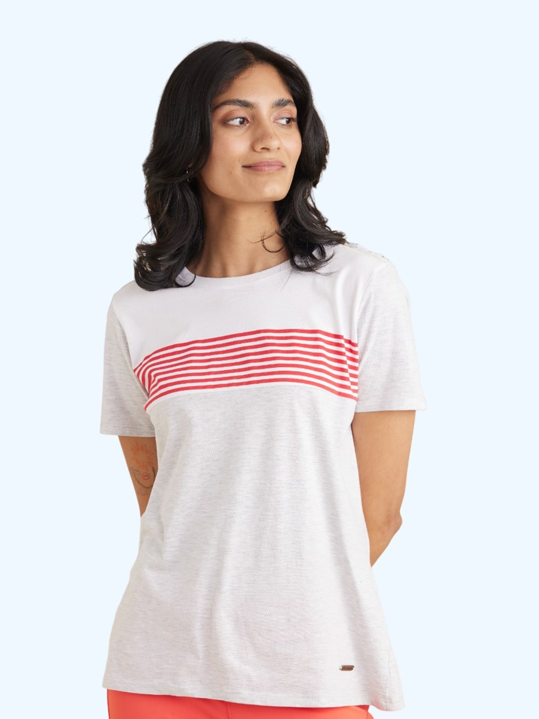 

harbour 9 Colourblocked Round Neck Striped Knitted Cotton Top, Red