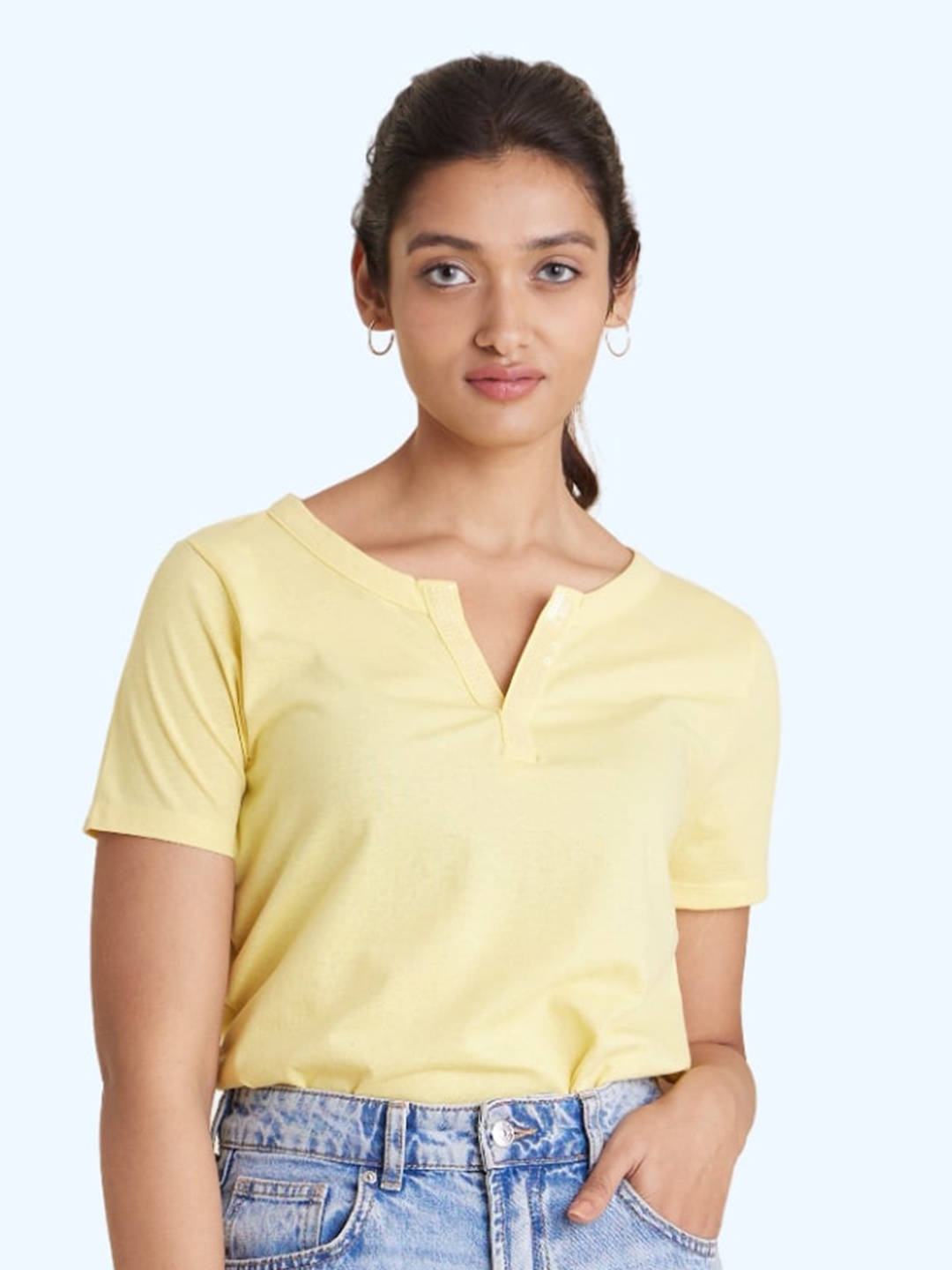 

harbour 9 Notched Round Neck Short Sleeves Cotton Top, Yellow