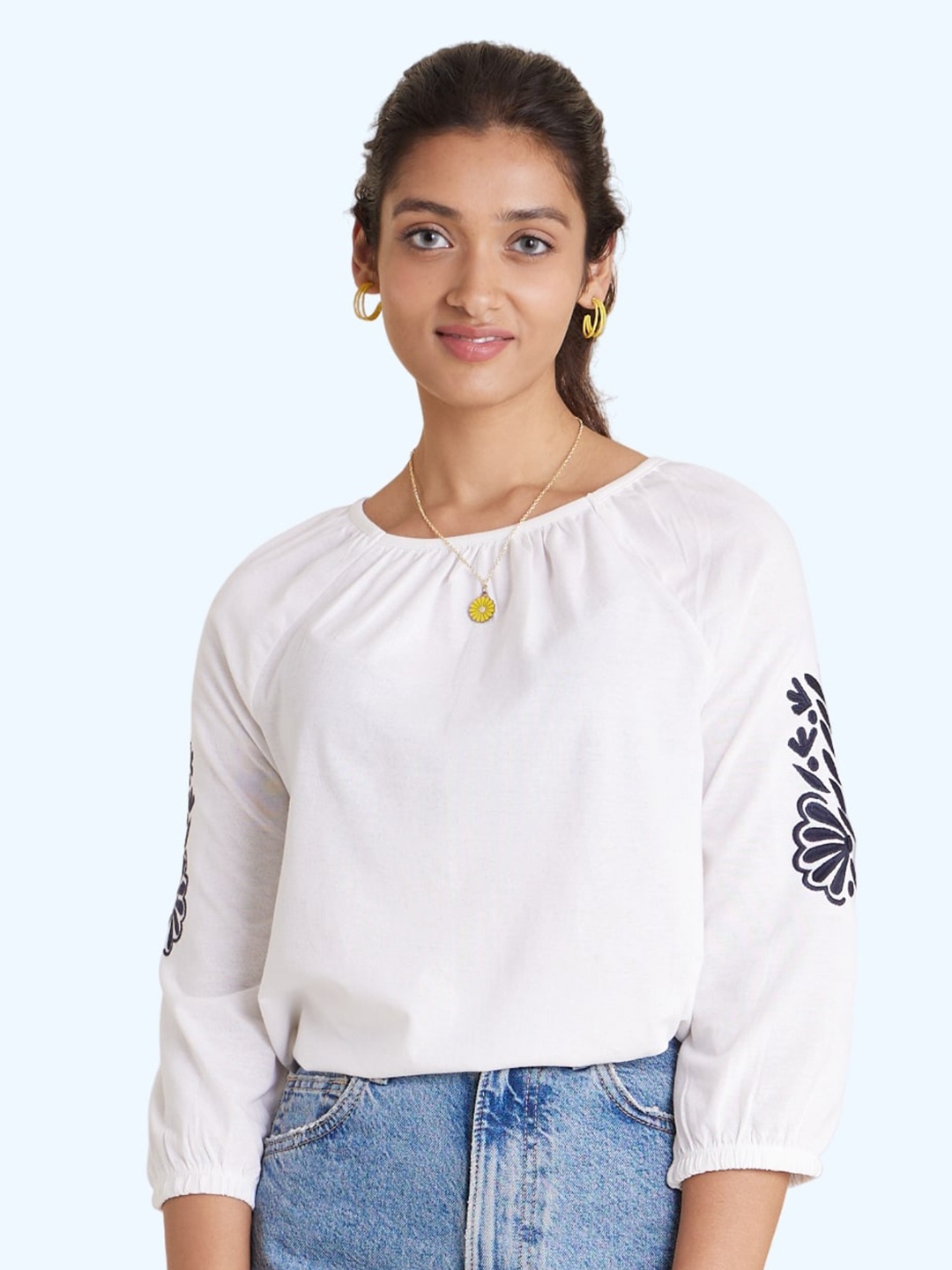 

harbour 9 Round Neck Three-Quarter Sleeves Cotton Top, White
