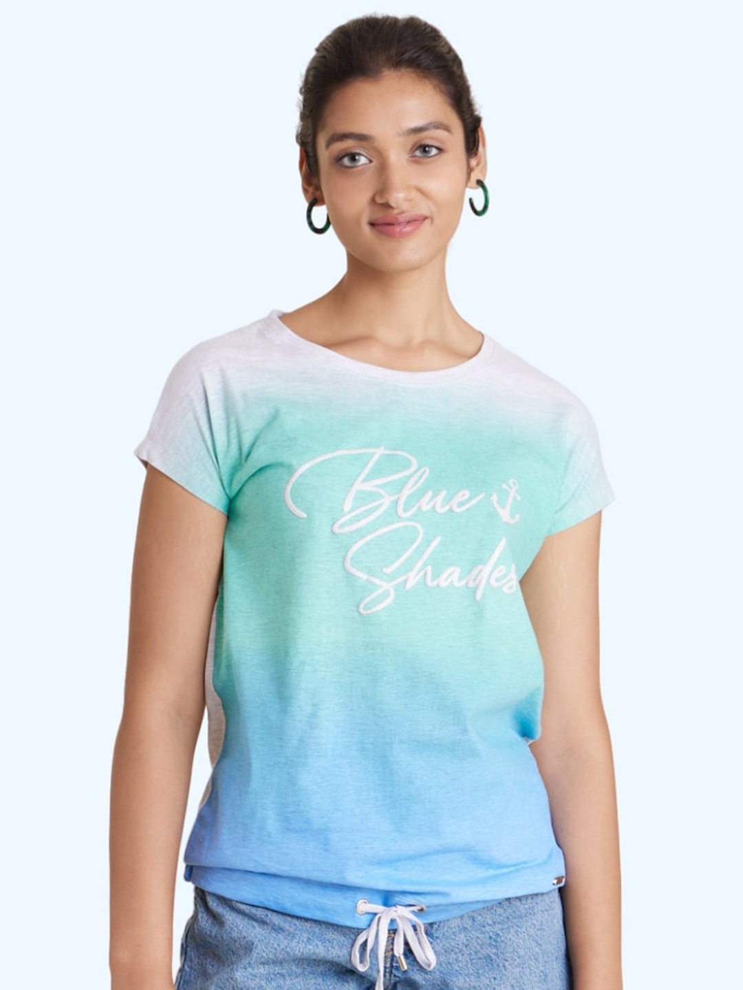 

harbour 9 Ombre Printed Round Neck Cap Sleeves Cotton Top, Blue