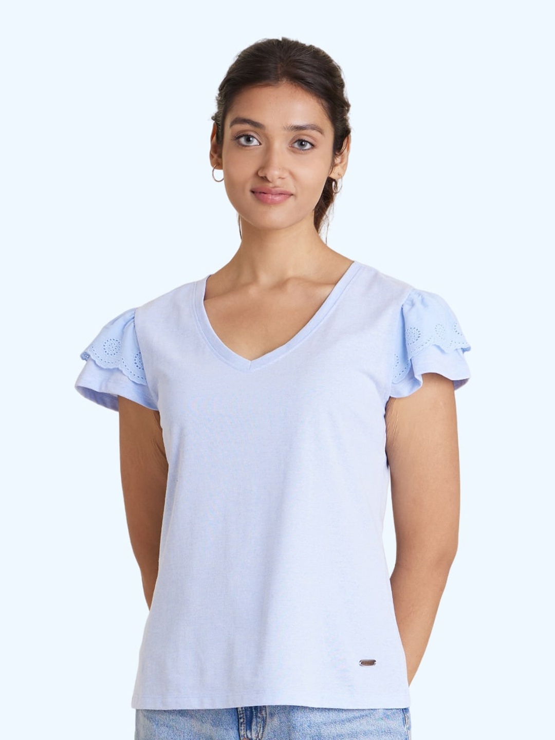 

harbour 9 V-Neck Flutter Sleeves Cotton Top, Blue