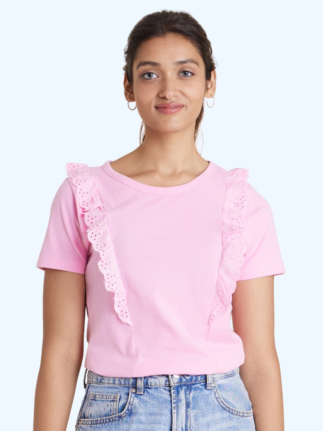 

harbour 9 Ruffles Cotton Short Sleeve Top, Pink