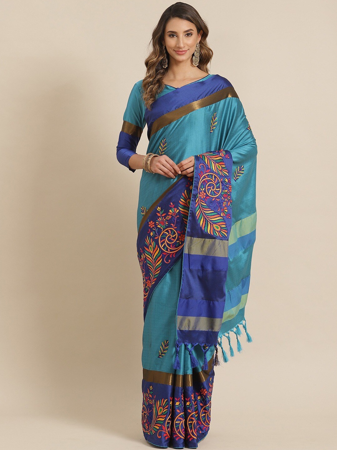 

Mitera Floral Thread Embroidered Silk Cotton Designer Banarasi Saree, Turquoise blue