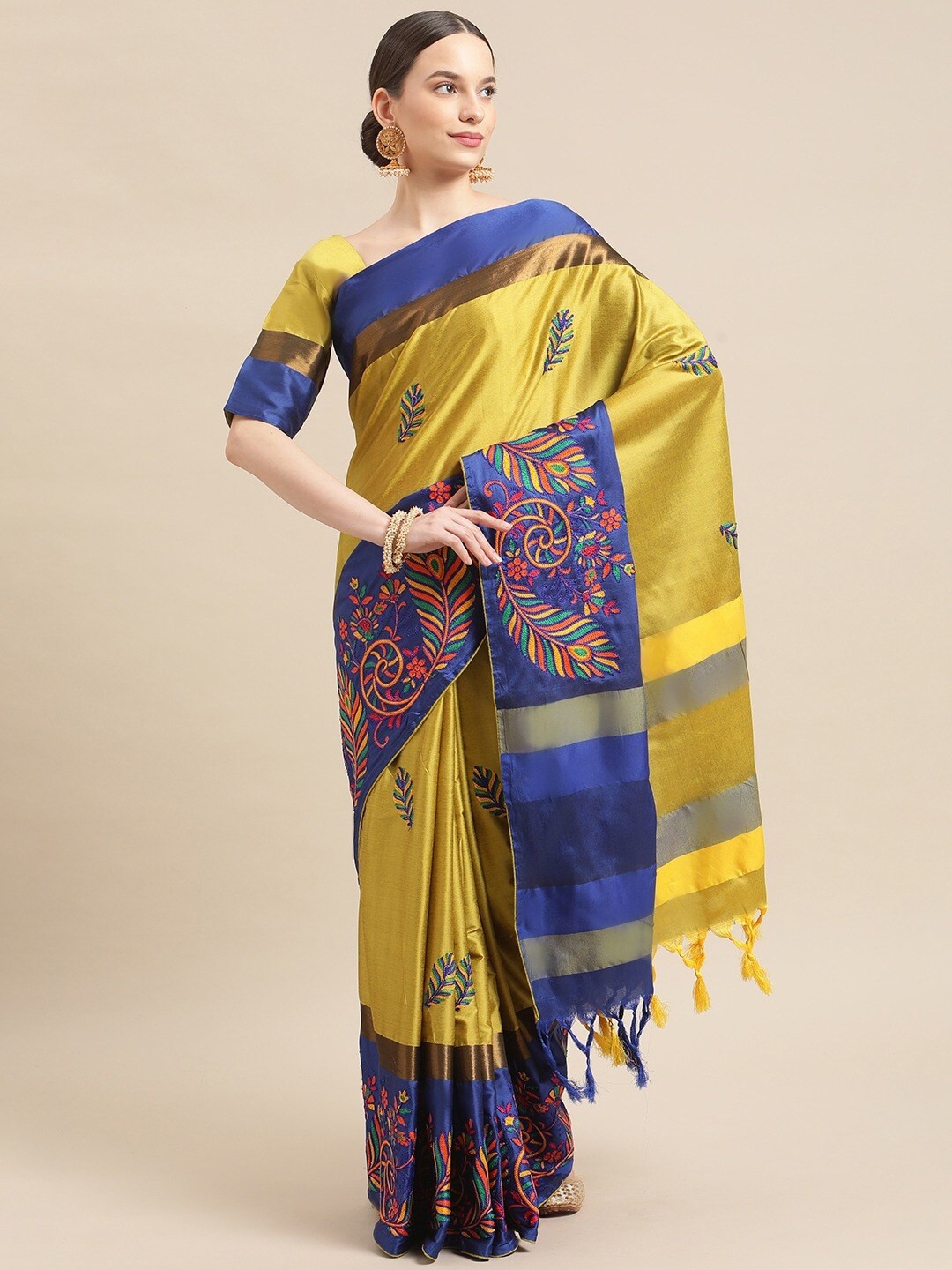 

Mitera Yellow & Blue Floral Embroidered Silk Cotton Banarasi Saree