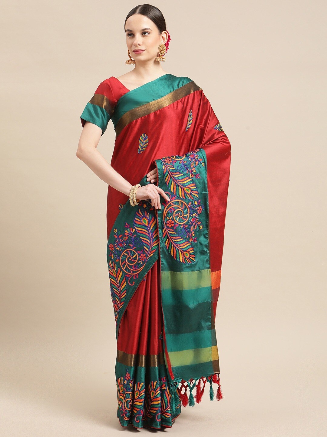 

Mitera Floral Embroidered Silk Cotton Designer Banarasi Saree, Red