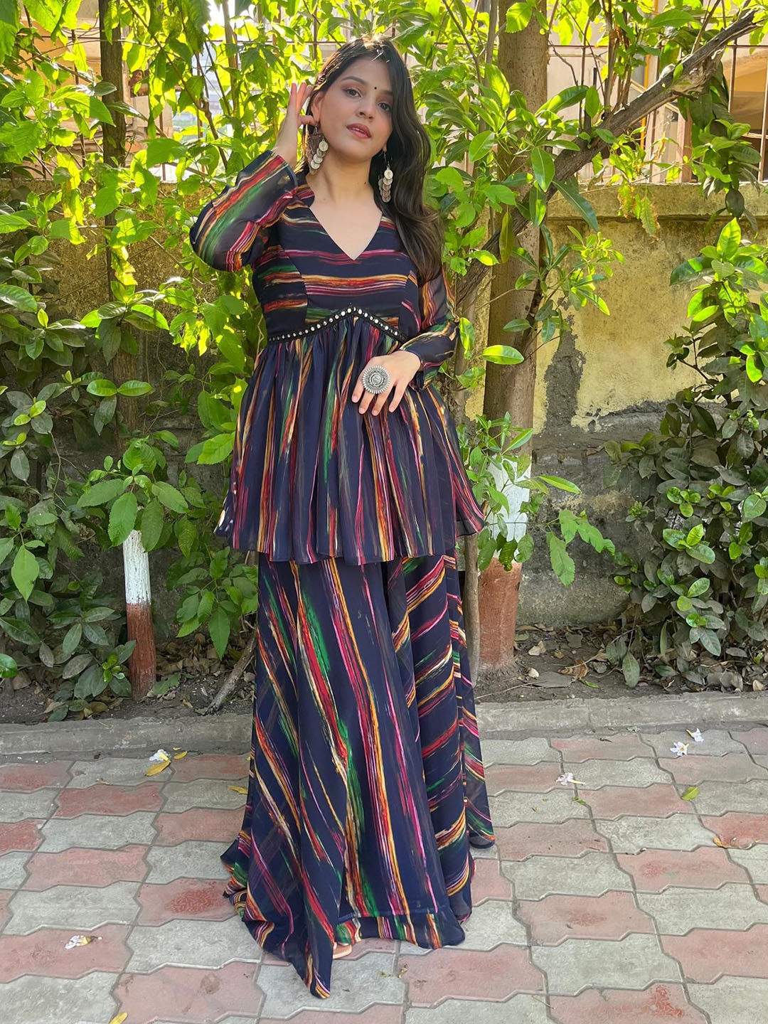 

White World Women Navy Blue Regular Kurta with Palazzos