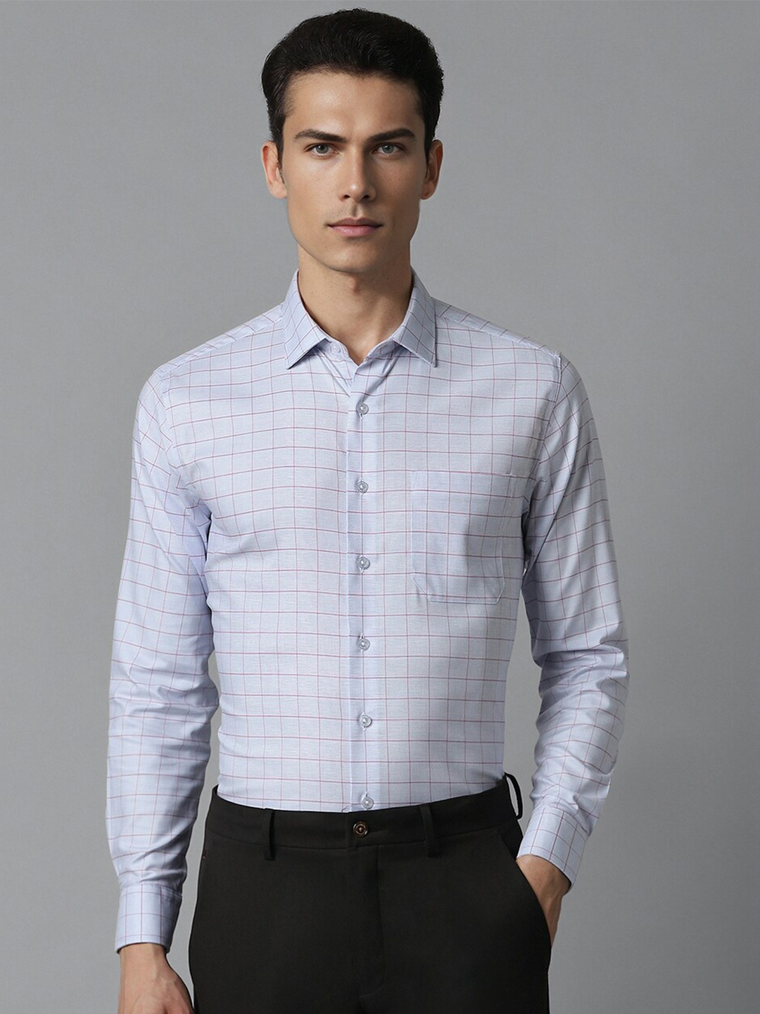 

Louis Philippe Checked Spread Collar Slim Fit Cotton Formal Shirt, Blue