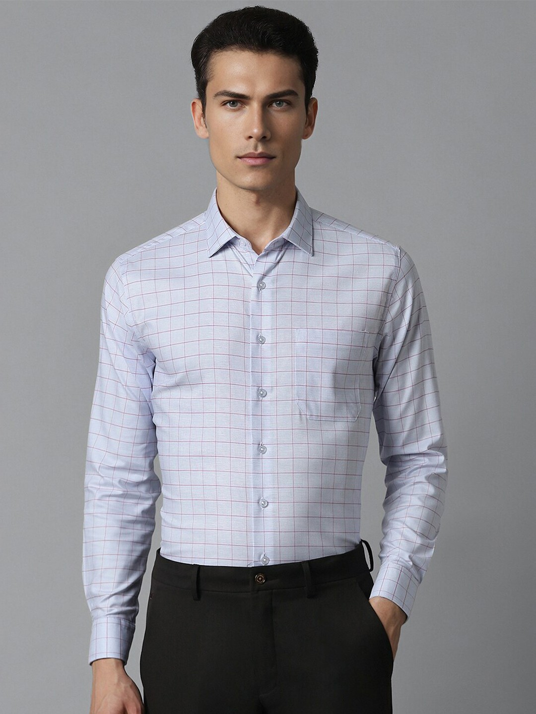 

Louis Philippe Checked Spread Collar Slim Fit Cotton Formal Shirt, Blue
