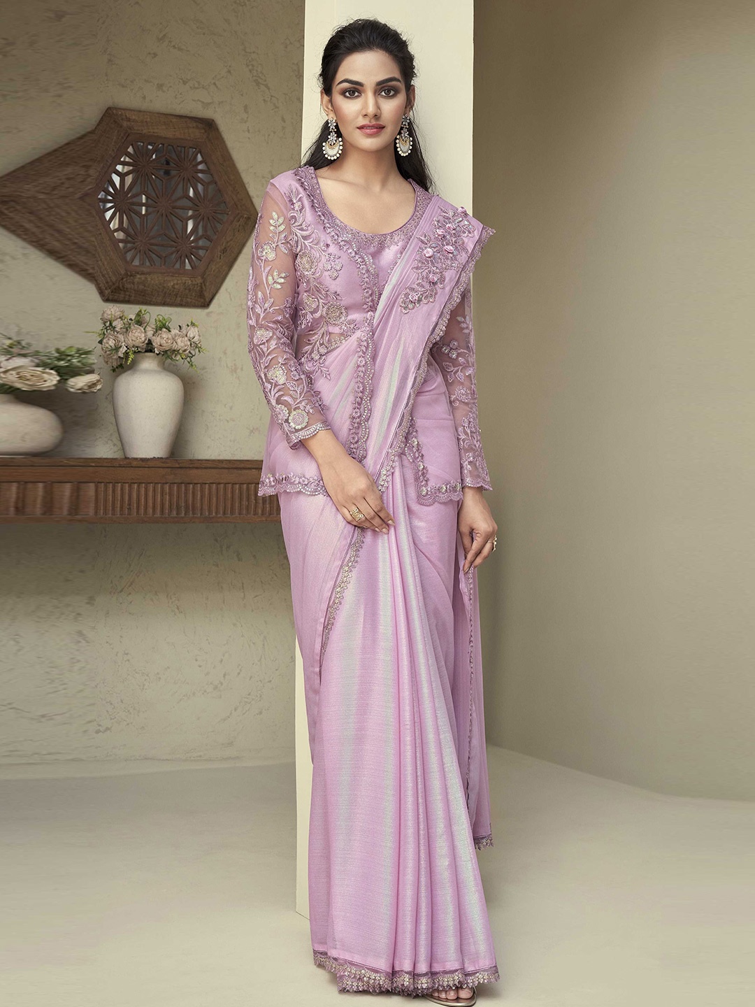 

Mitera Lavender Floral Sequinned Embroidered Silk Fusion Saree
