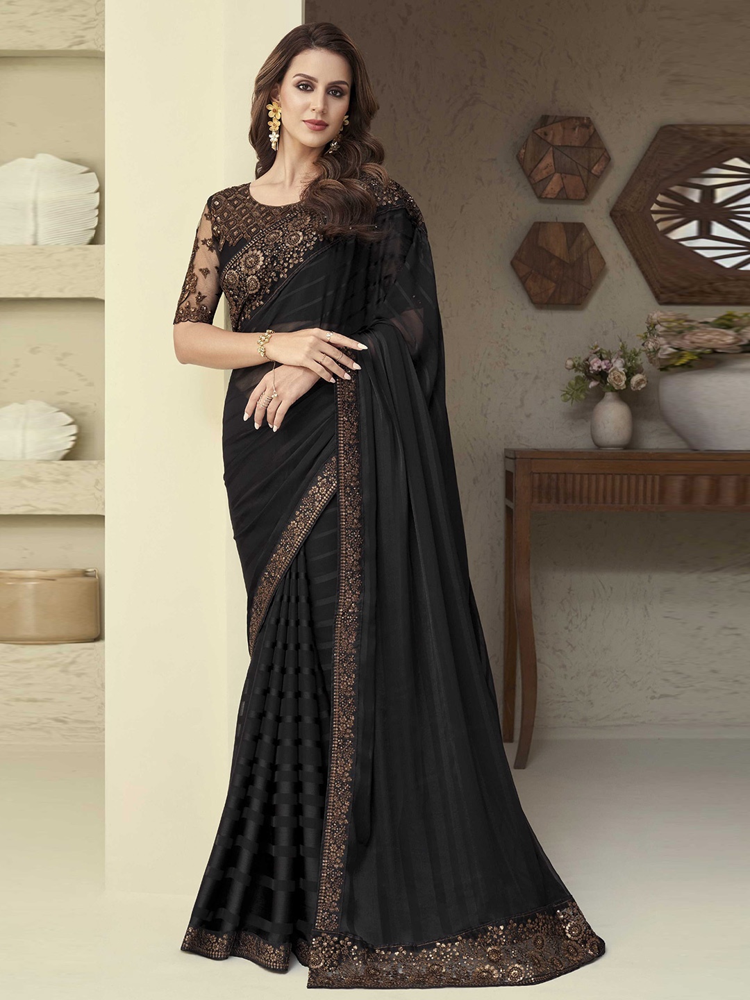 

Mitera Sequined Embroidered Saree, Black