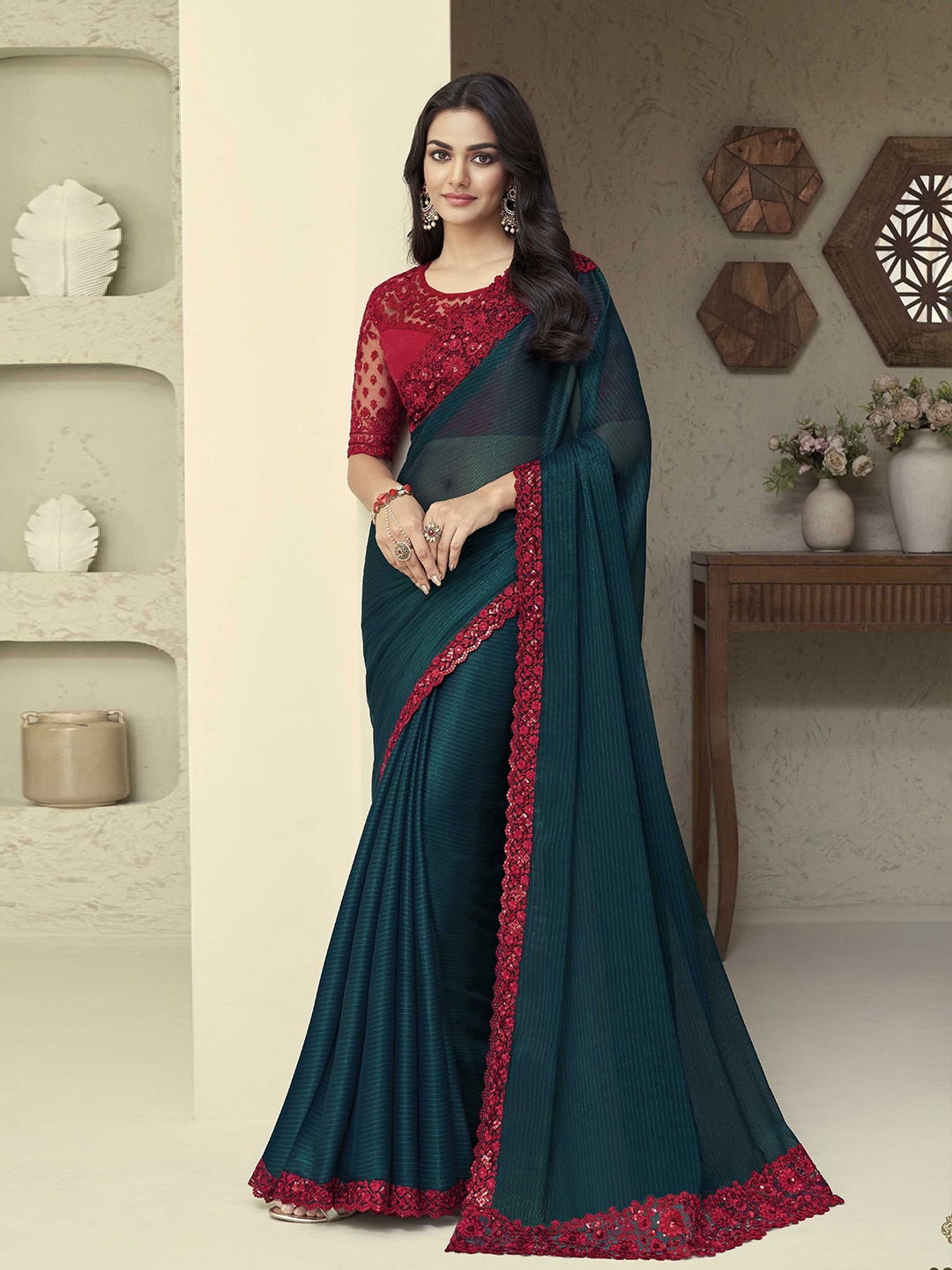 

Mitera Sequined Embroidered Saree, Teal