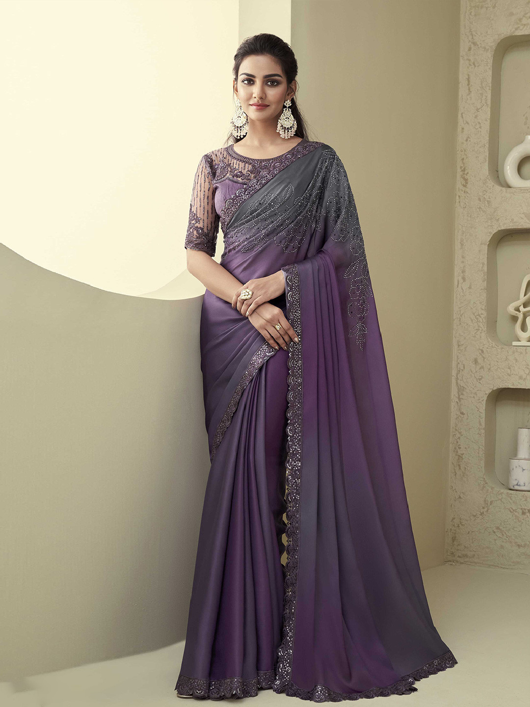 

Mitera Purple Floral Embroidered Silk Saree