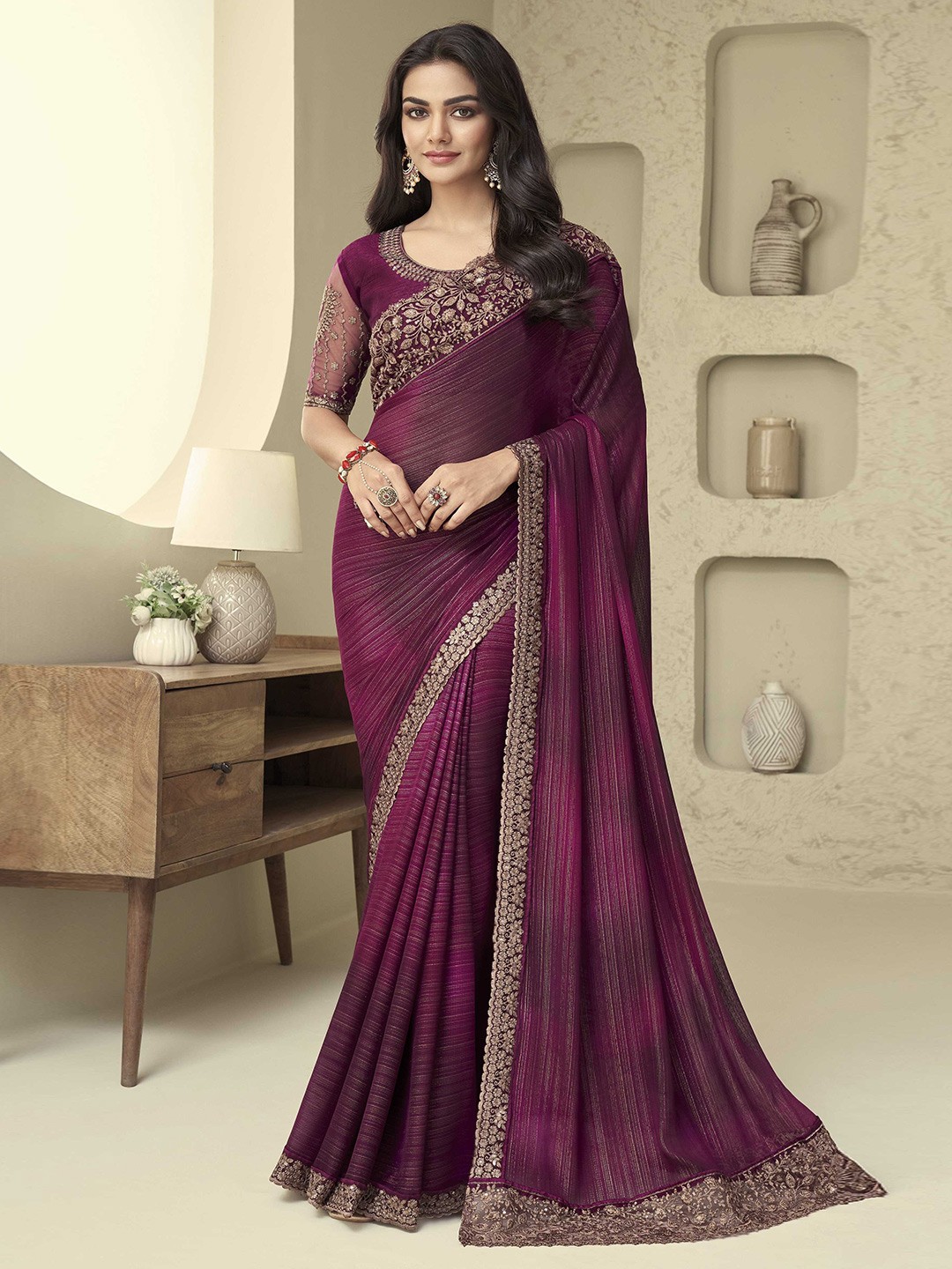 

Mitera Magenta Ethnic Motifs Zari Embroidered Silk Saree