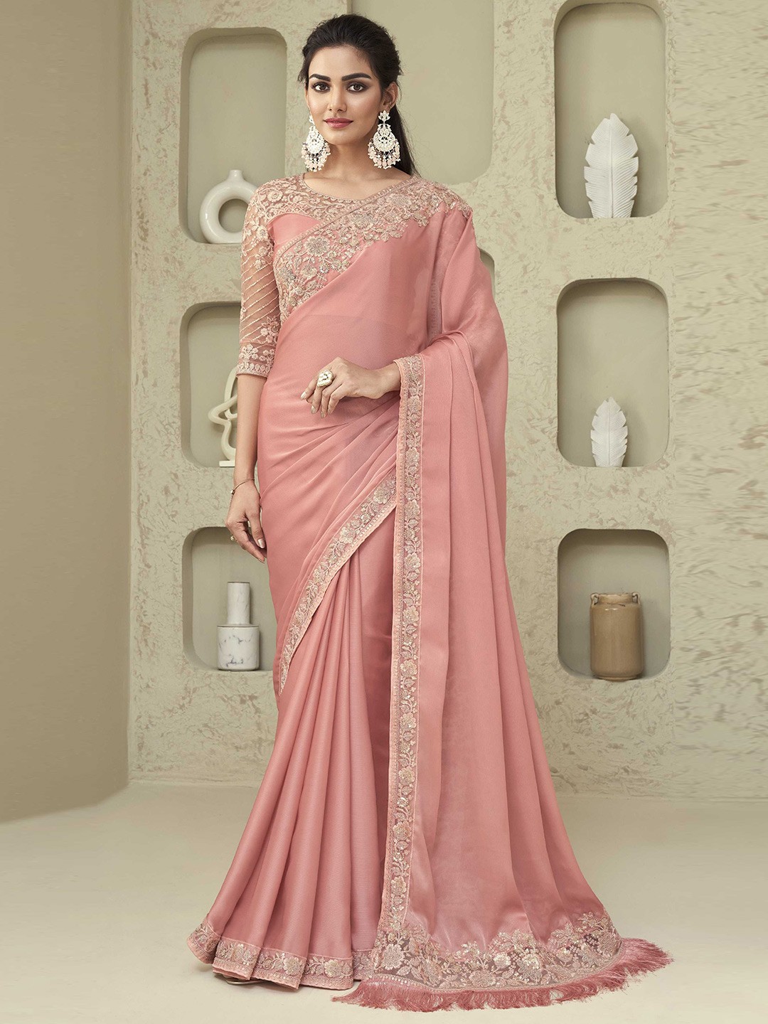 

Mitera Floral Embroidered Saree with Tassels, Peach