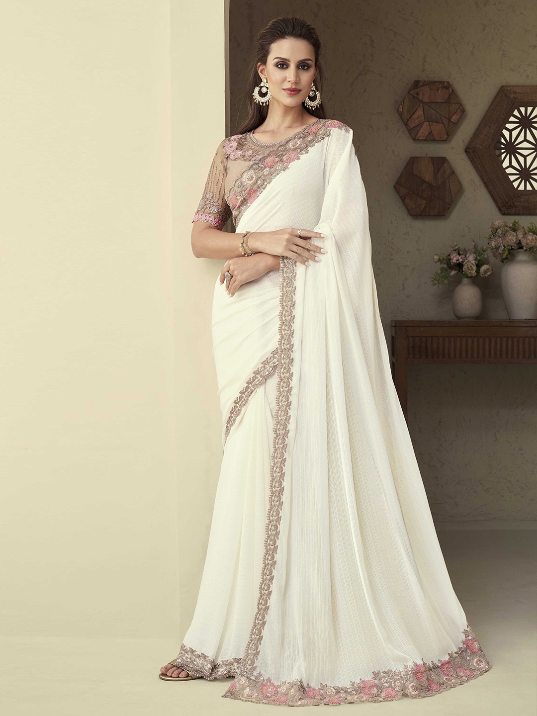 

Mitera Floral Embroidered Saree, White