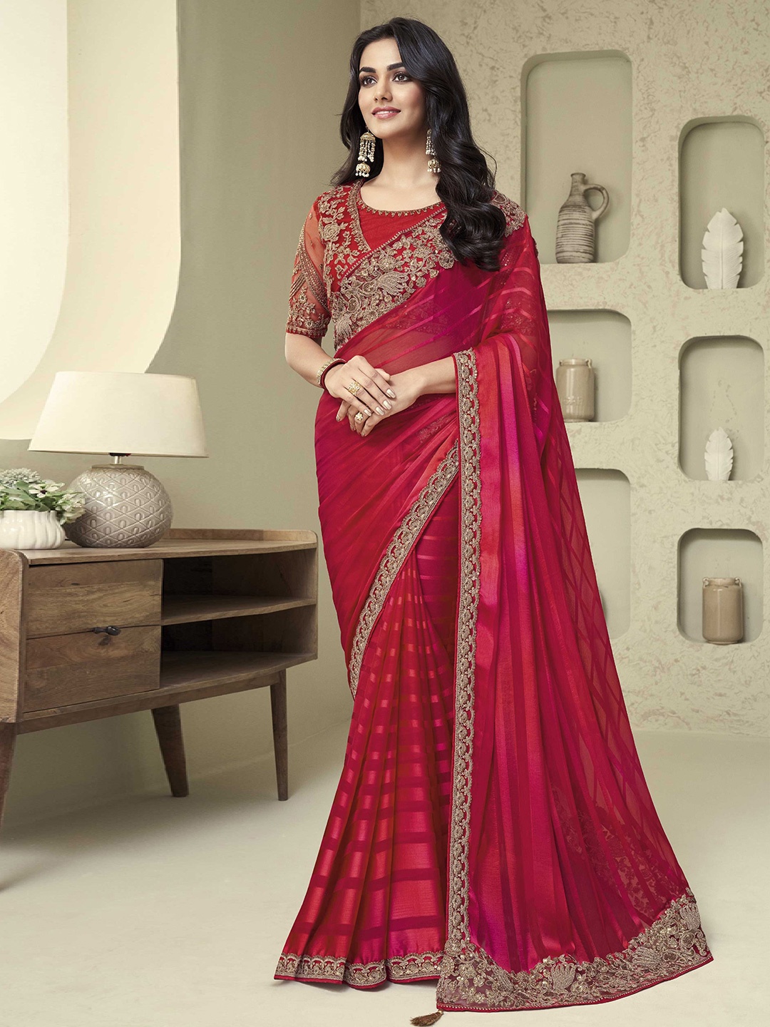 

Mitera Embellished Embroidered Saree, Pink