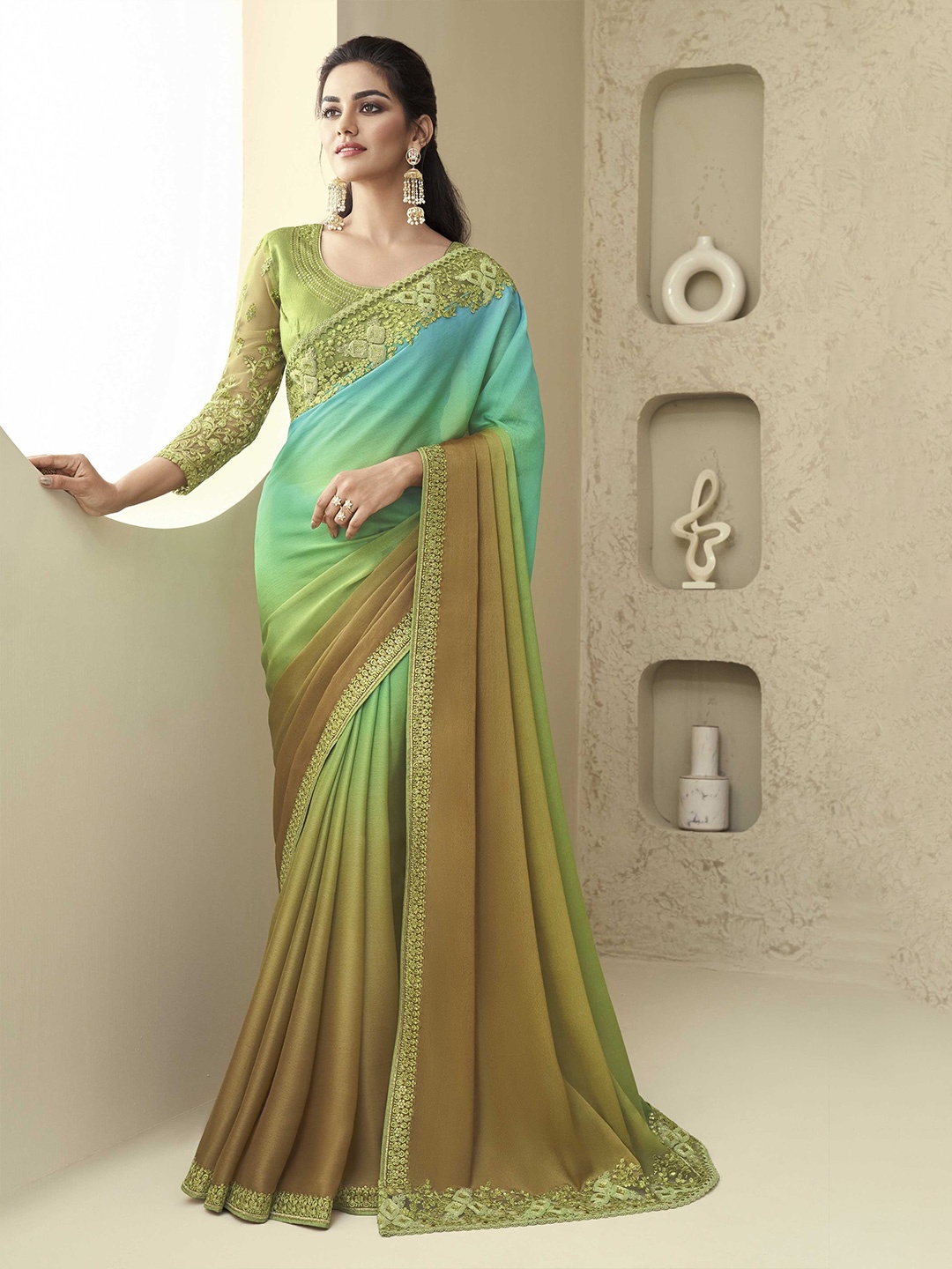 

Mitera Green Ombre Embroidered Silk Saree