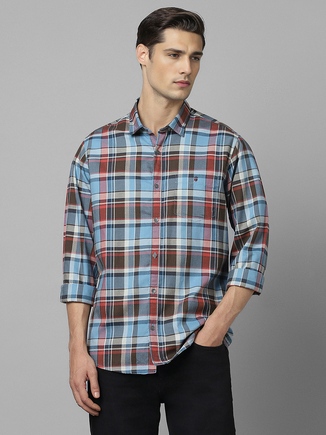 

Louis Philippe Jeans Tartan Checks Spread Collar Slim Fit Cotton Casual Shirt, Blue