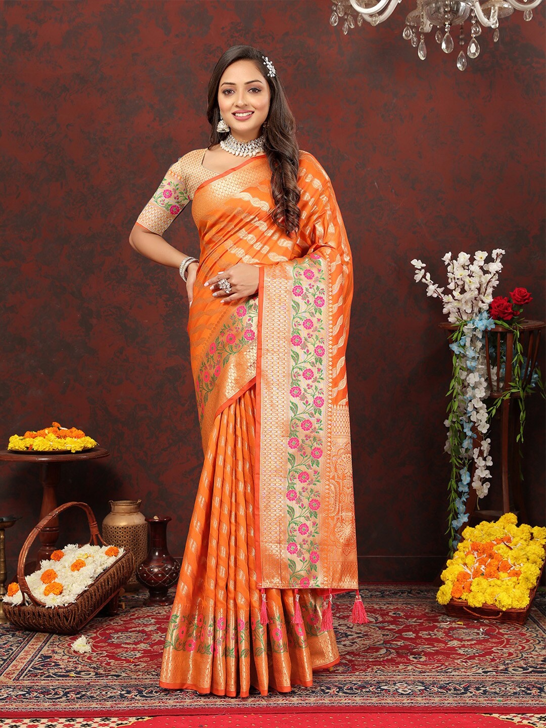 

KALINI Orange Leheriya Woven Design Zari Art Silk Banarasi Saree