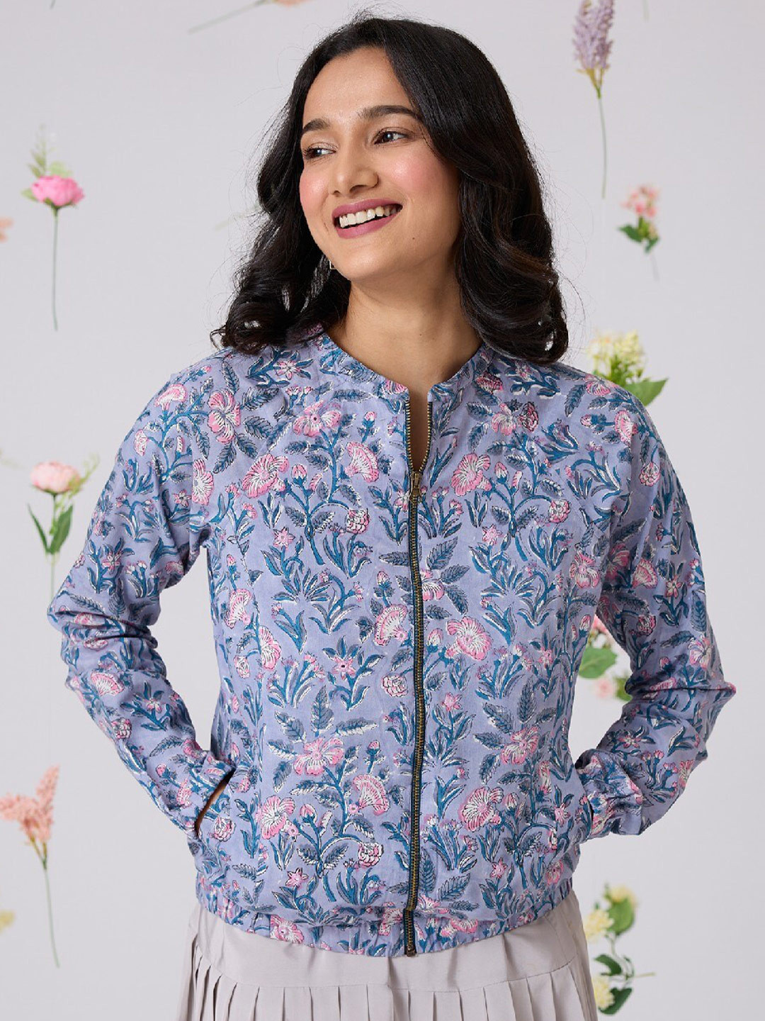 

OKHAI Floral Printed Cotton Bomber Jacket, Blue