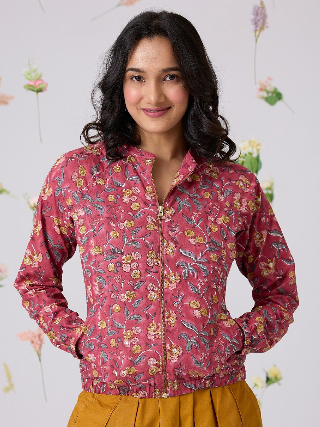 

OKHAI Floral Printed Mirror Work Pure Cotton Bomber Jacket, Pink