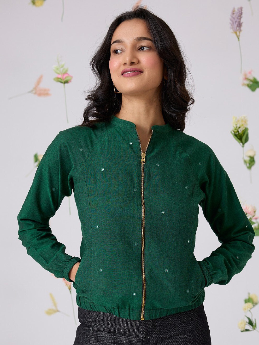 

OKHAI Mirror Work Pure Cotton Bomber Jacket, Green