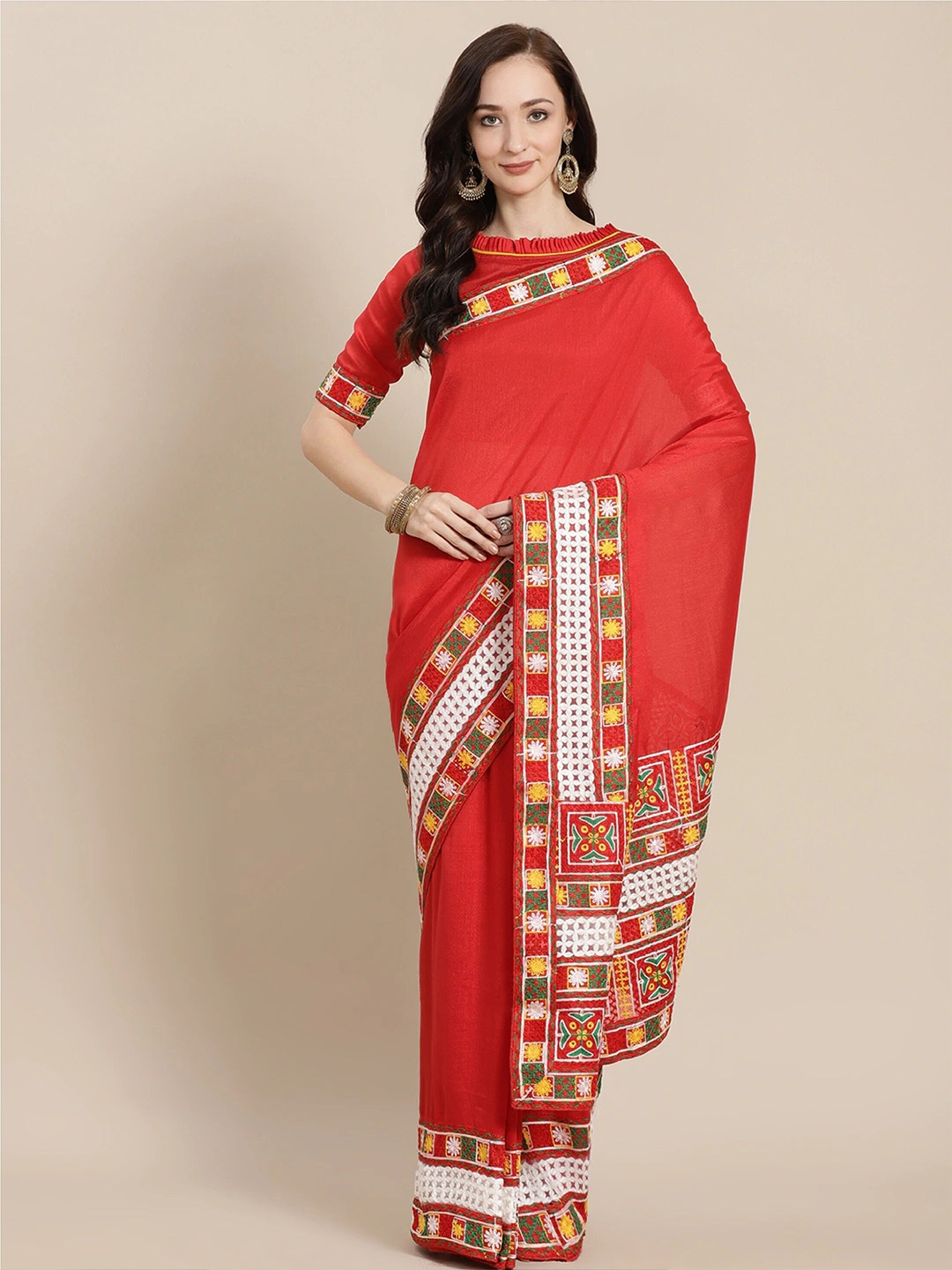 

Mitera Red Geometric Kutchi Embroidered Saree