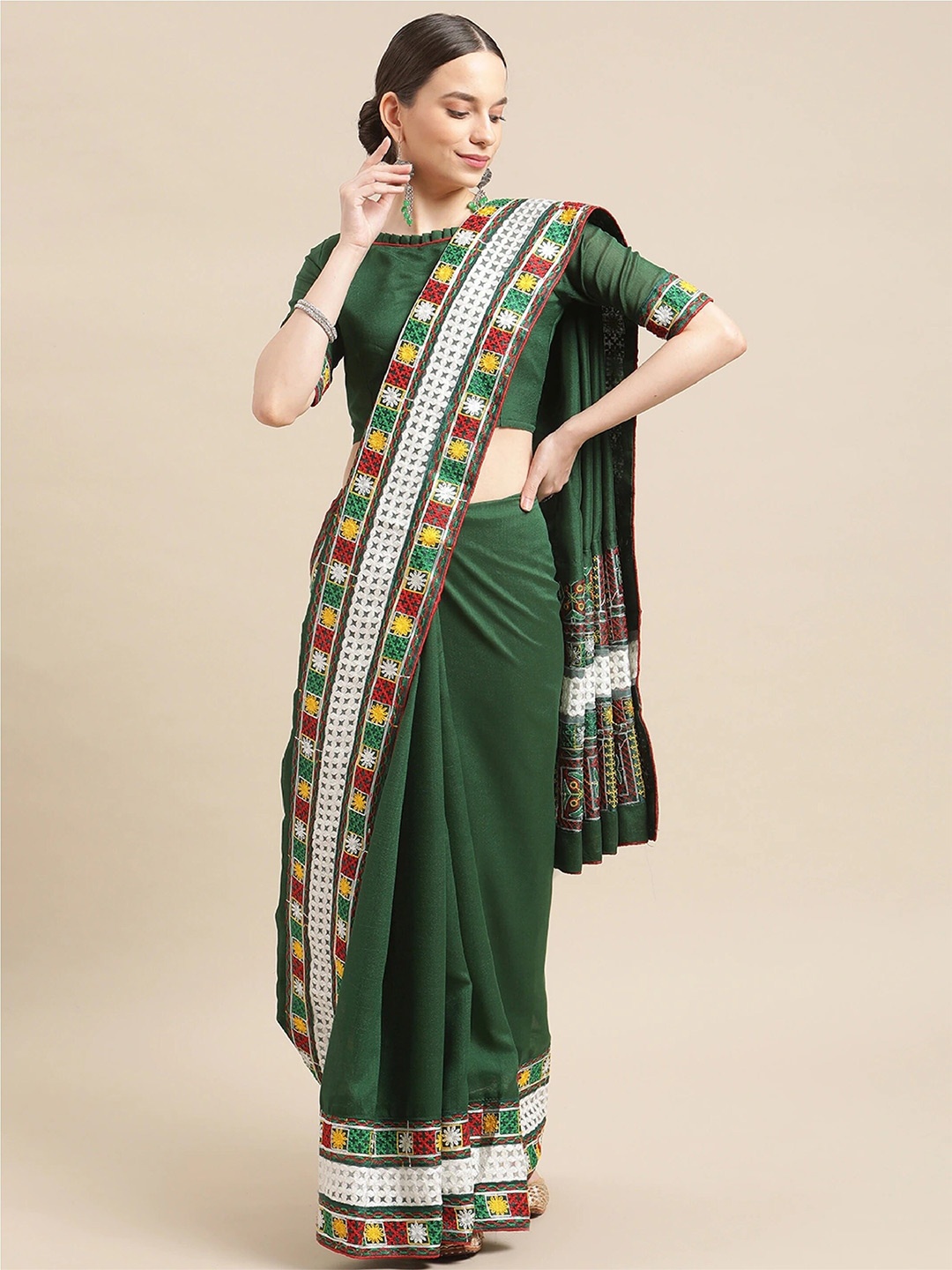 

Mitera Floral Embroidered Designer Saree, Green