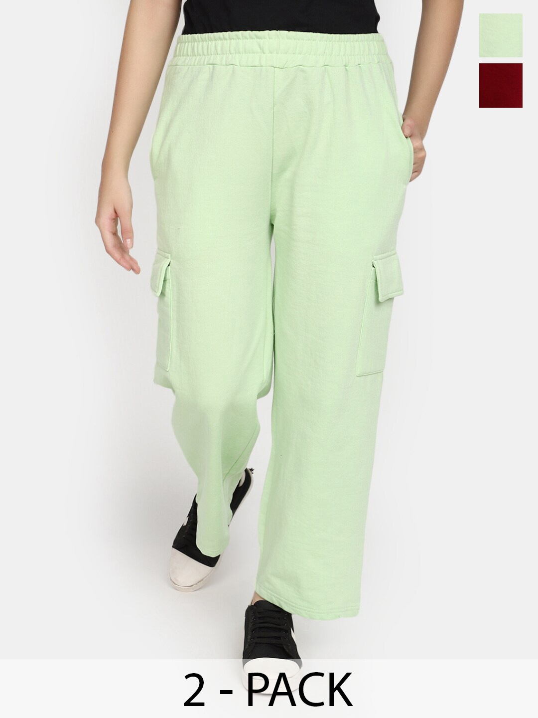 

V-Mart Women Pack Of 2 Mid-Rise Cotton Track Pants, Green