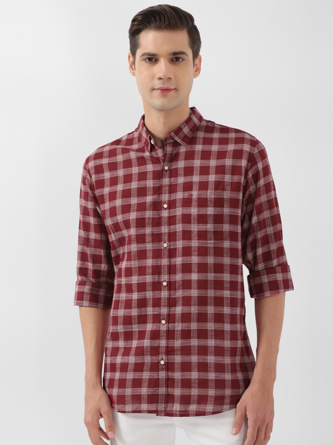 

Peter England Casuals Tartan Checked Cotton Slim Fit Casual Shirt, Red