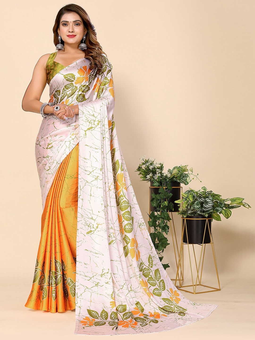 

HARPITA Floral Printed Crepe Silk Half and Half Tussar Saree, Yellow