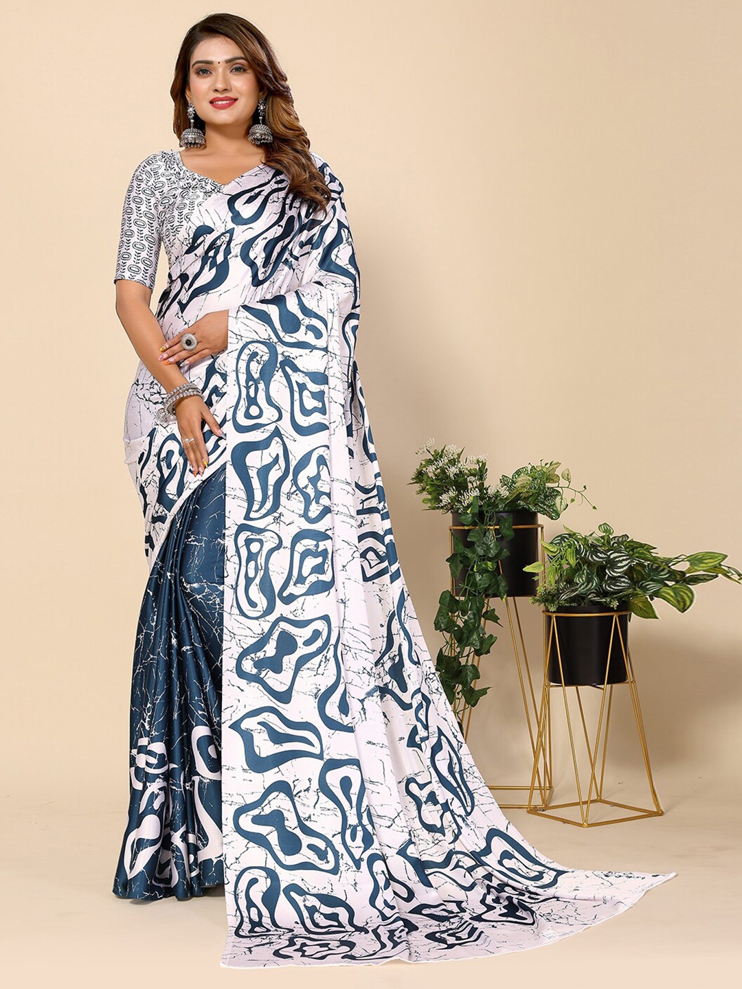 

HARPITA Abstract Printed Crepe Silke Half and Half Tussar Saree, Teal
