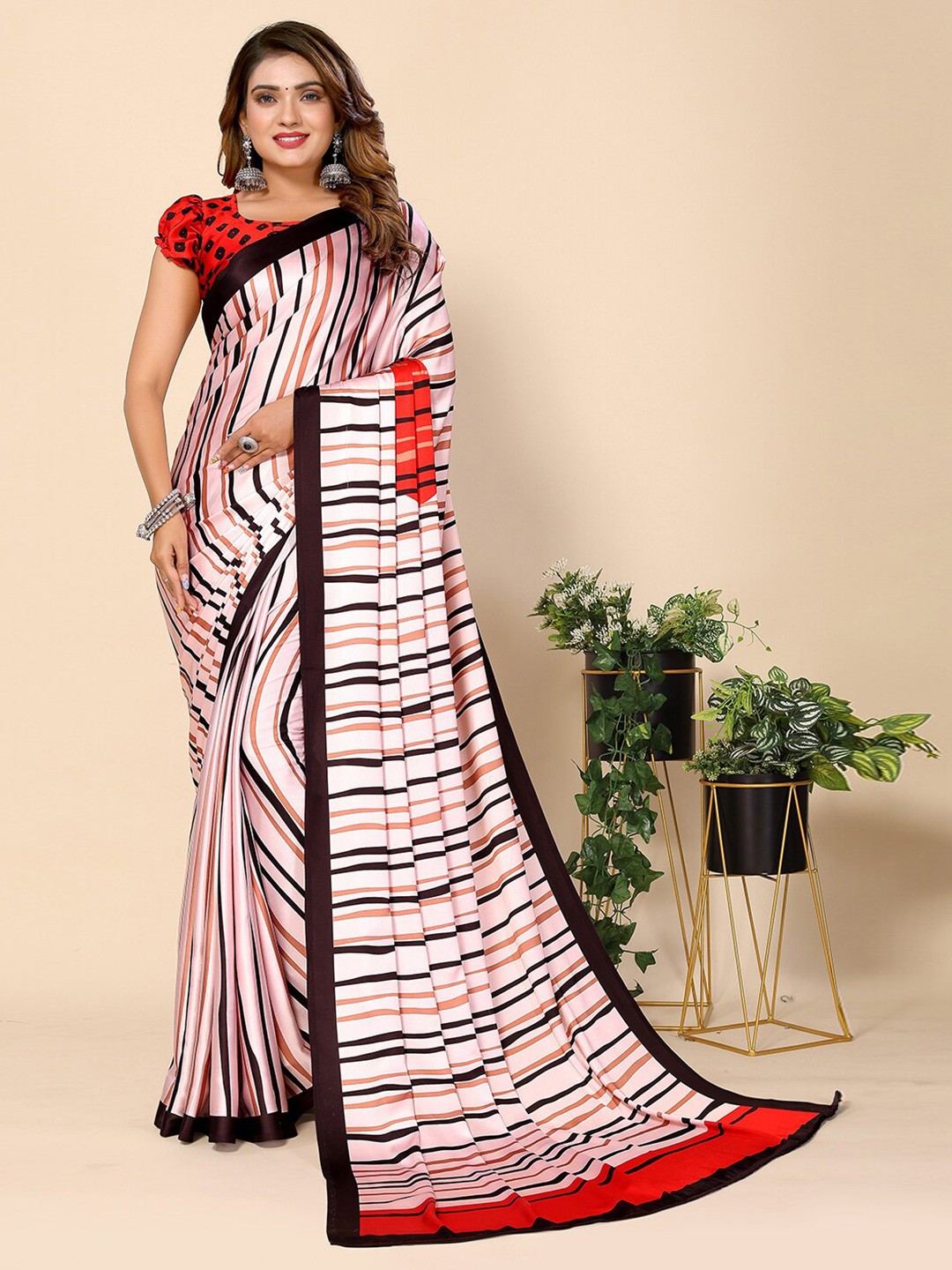 

HARPITA Striped Crepe Silk Half and Half Tussar Saree, Cream