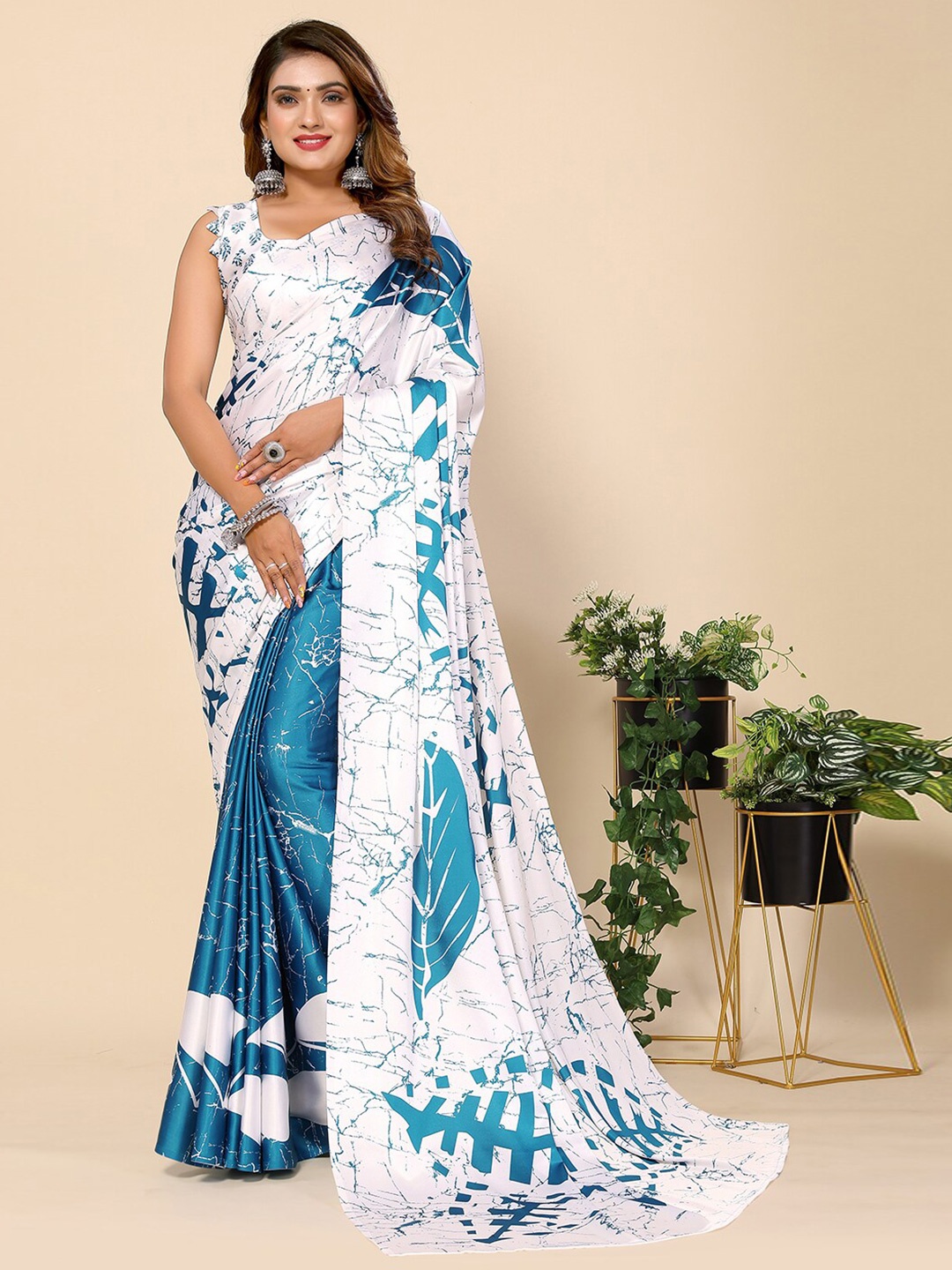 

HARPITA Abstract Printed Crepe Silk Half and Half Tussar Saree, Blue