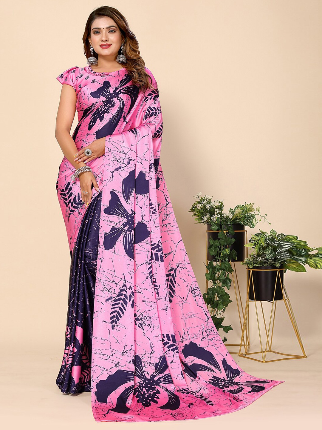 

HARPITA Floral Printed Crepe Silk Half and Half Tussar Saree, Pink