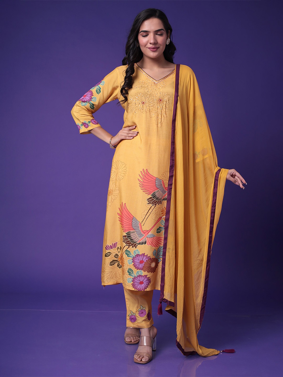 

ZARI Floral Printed Embrodered Sequinned Kurta with Trouser & Dupatta, Gold
