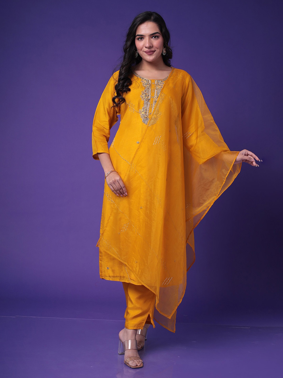 

ZARI Women Embroidered Sequinned Kurta With Trouser & Dupatta, Gold