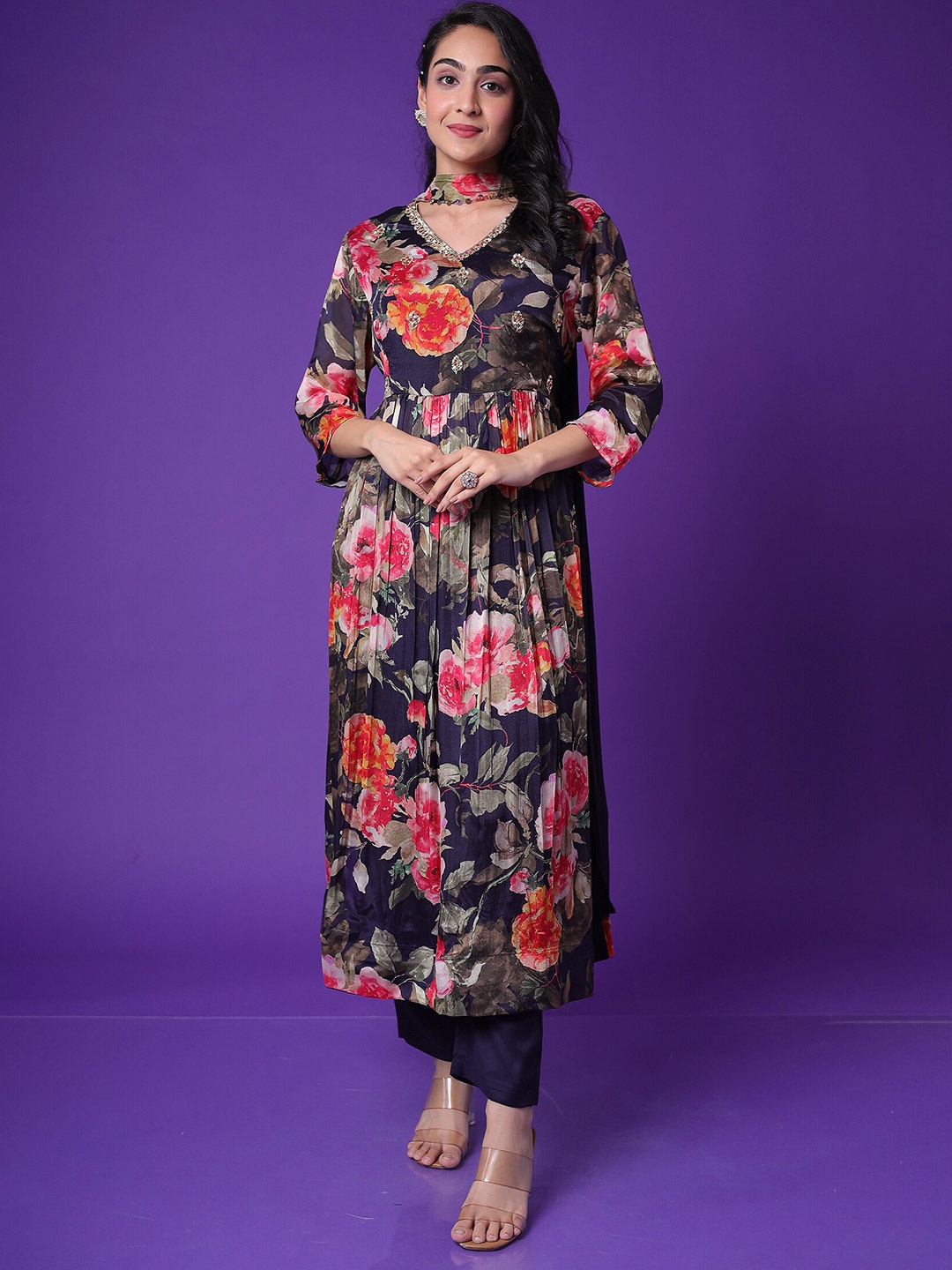 

ZARI Floral Printed Embroidered Anarkali Kurta With Trouser & Dupatta, Blue