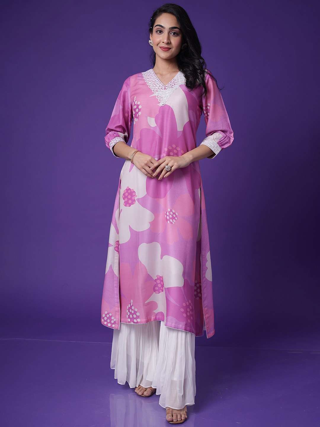 

ZARI Floral Printed Embroidered A Line Kurta with Sharara, Purple