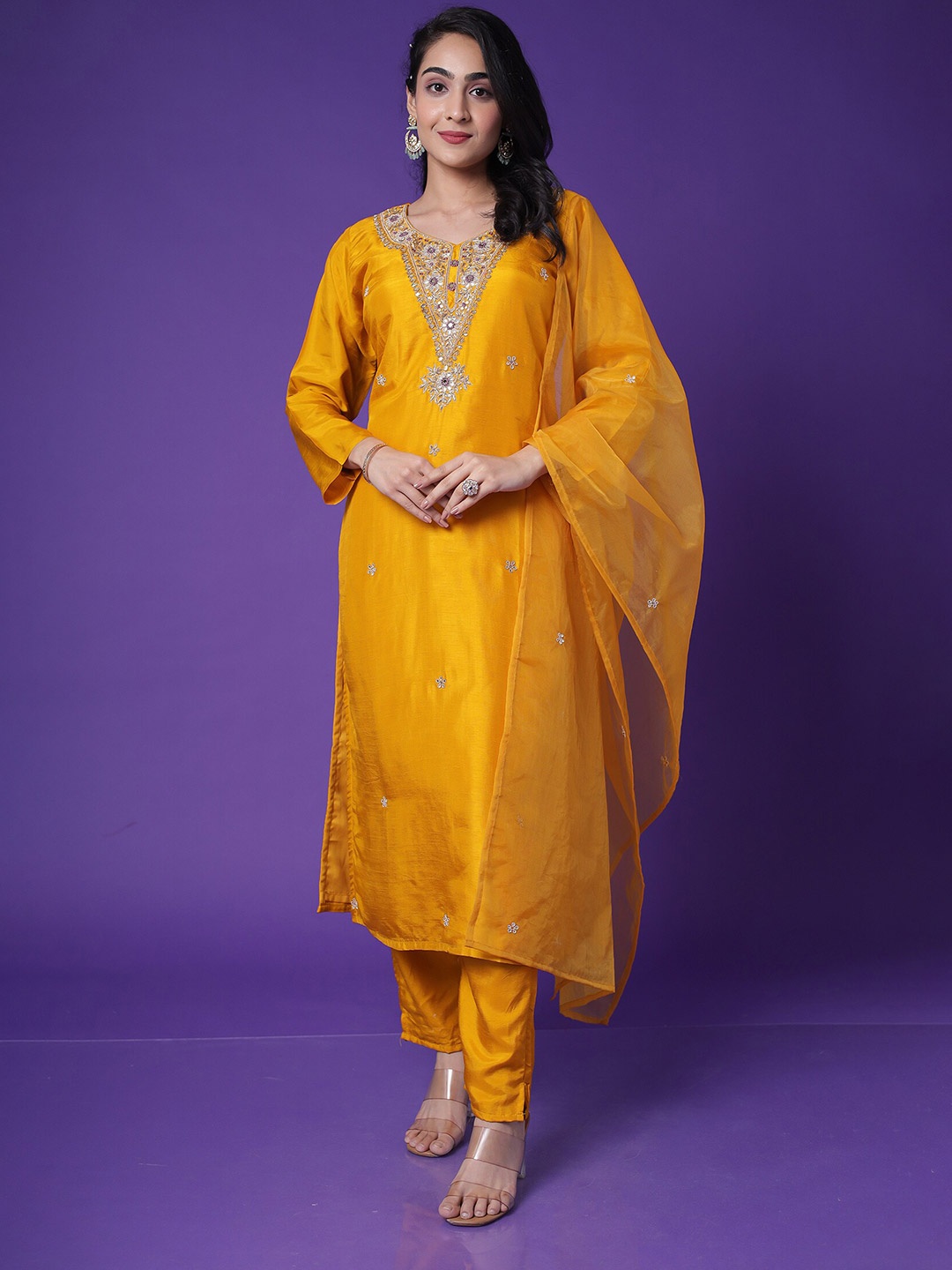 

ZARI Embroidered Sequinned Kurta With Trouser & Dupatta, Yellow