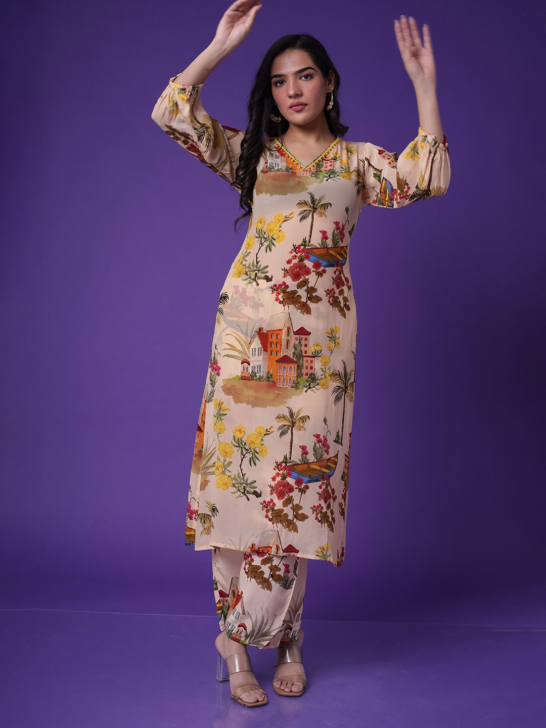 

ZARI Floral Printed Embroidered Kurta with Trouser, Orange