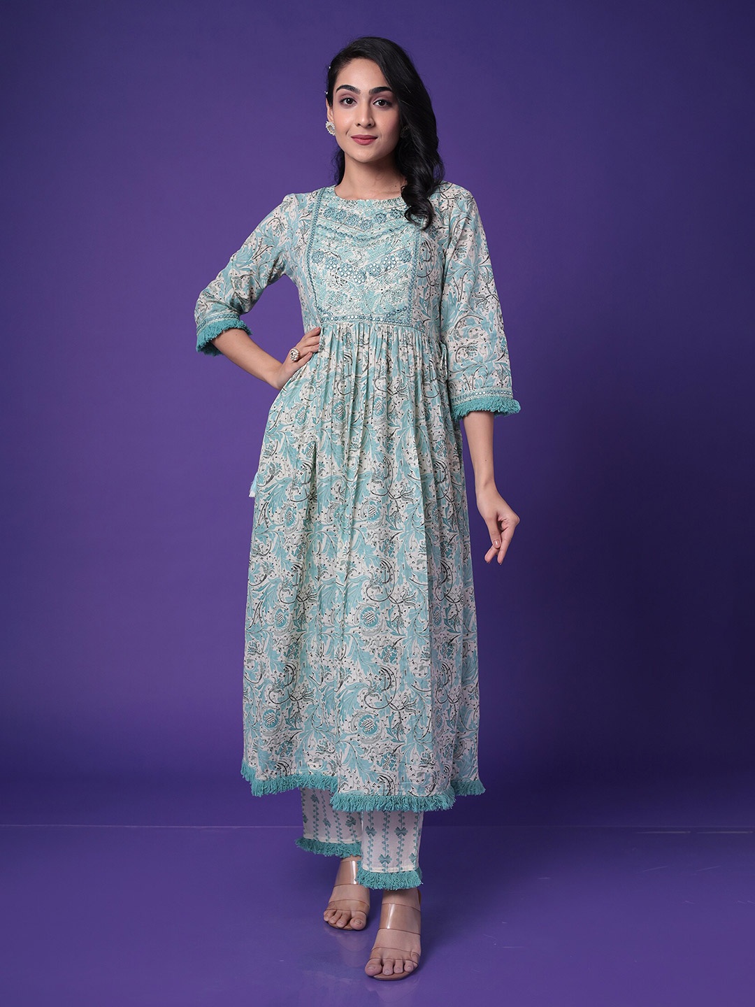 

ZARI Floral Printed Embroidered Pure Cotton Kurta with Trouser, Green