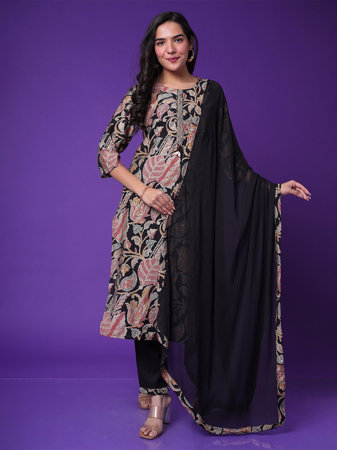 

ZARI Floral Printed Embroidered Kurta with Trouser, Black