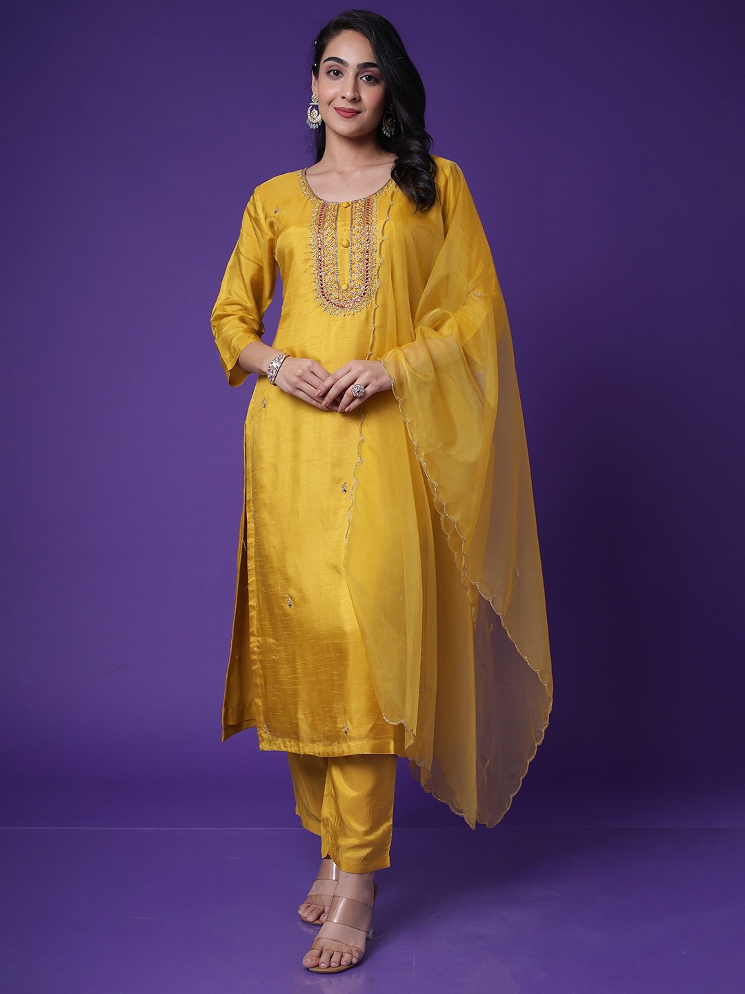 

ZARI Embroidered Sequinned Kurta With Trouser & Dupatta, Yellow