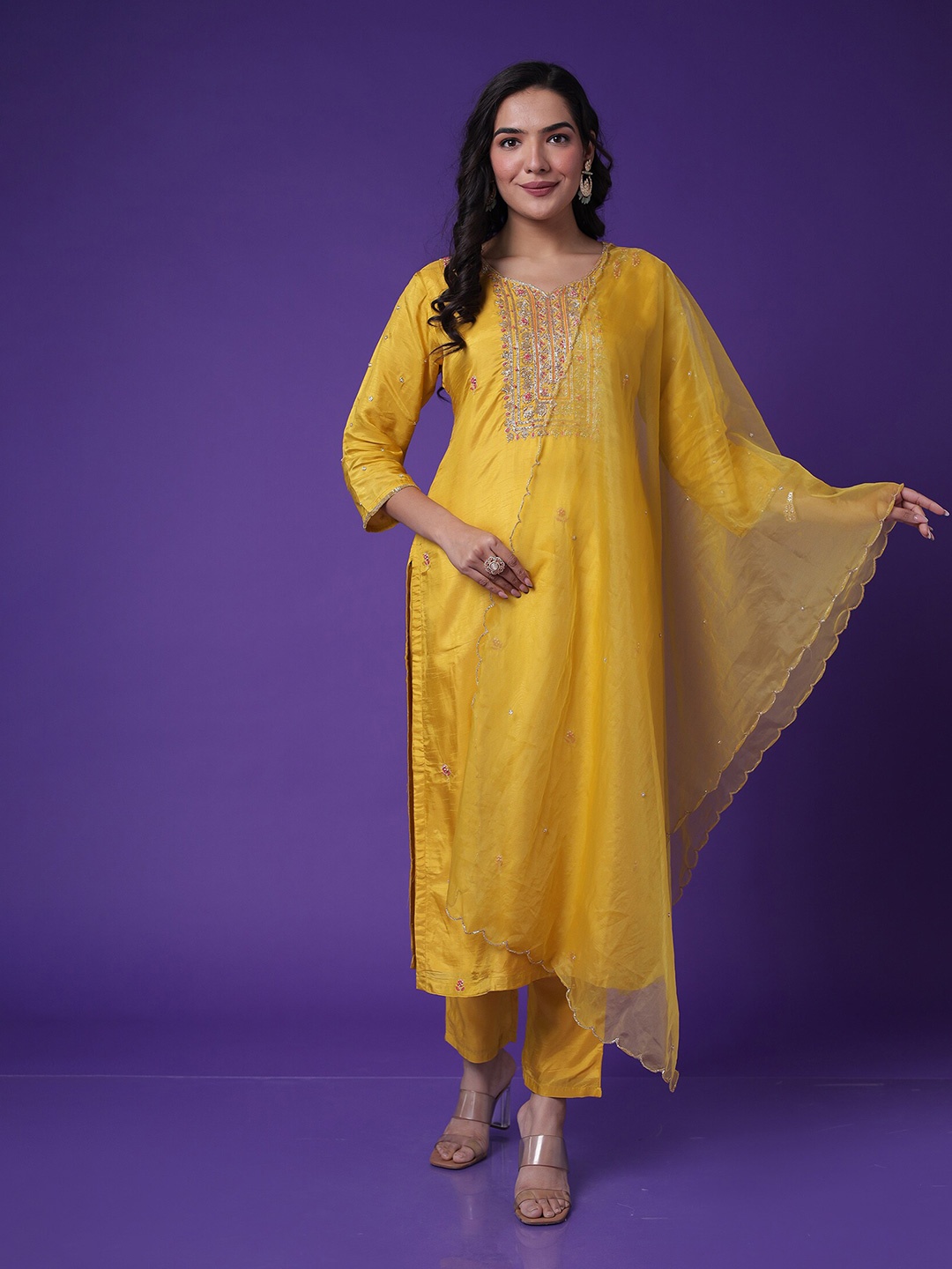 

ZARI Embroidered Kurta With Trouser & Dupatta, Yellow