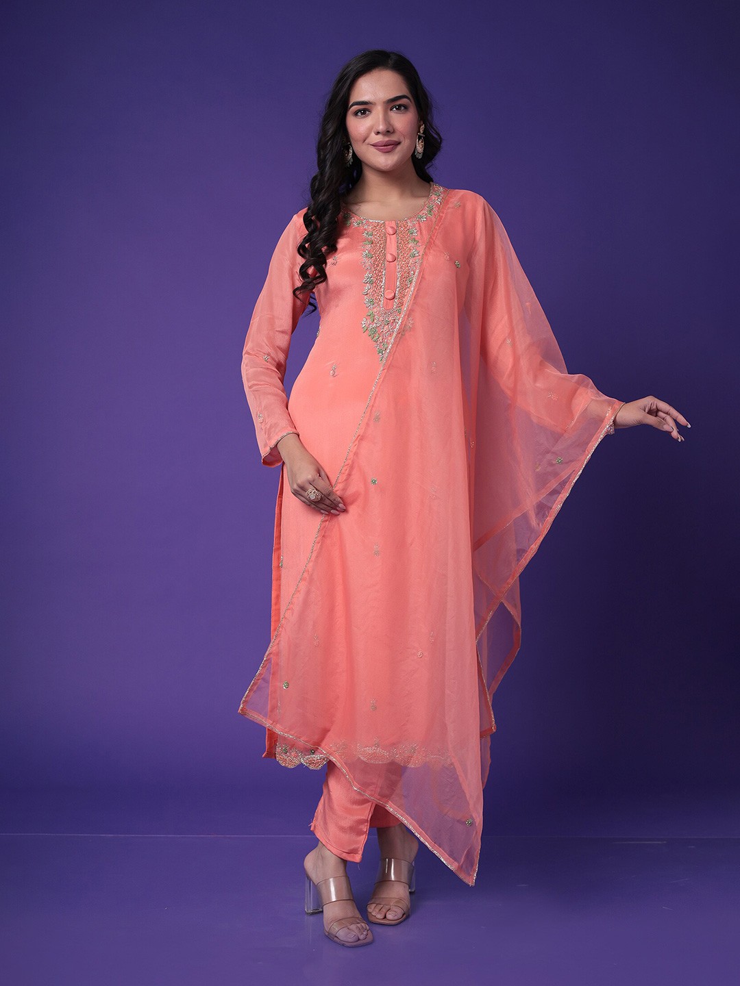 

ZARI Round Neck Floral Zari Embroidered Kurta With Trousers & Dupatta, Peach