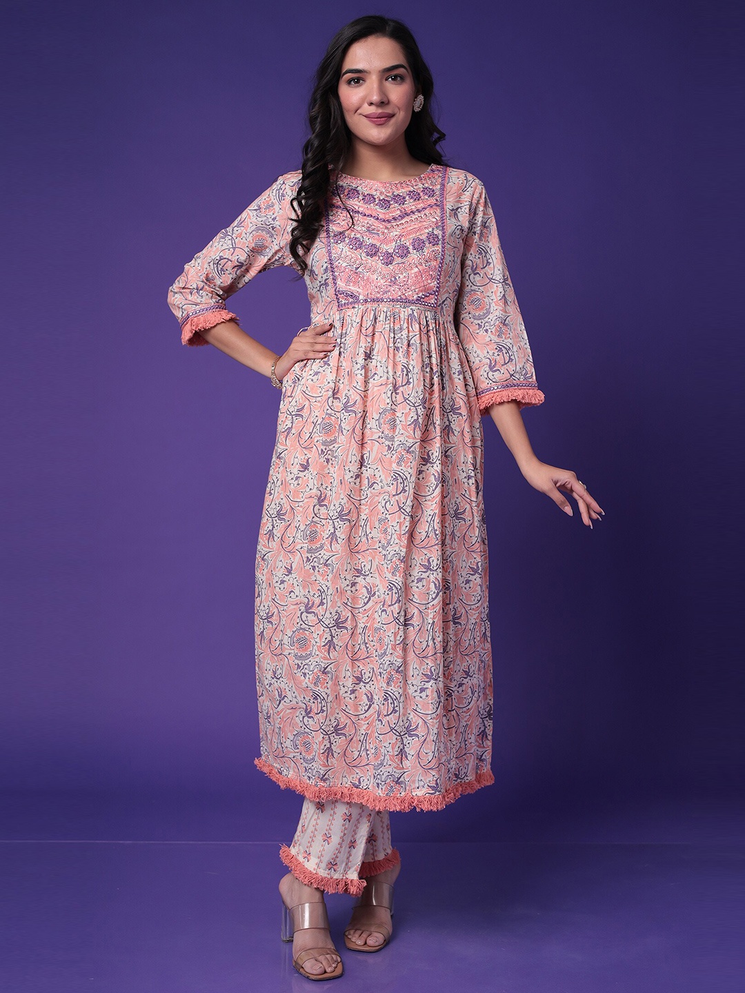 

ZARI Round Neck Floral Embroidered Pure Cotton Kurta With Trouser, Peach