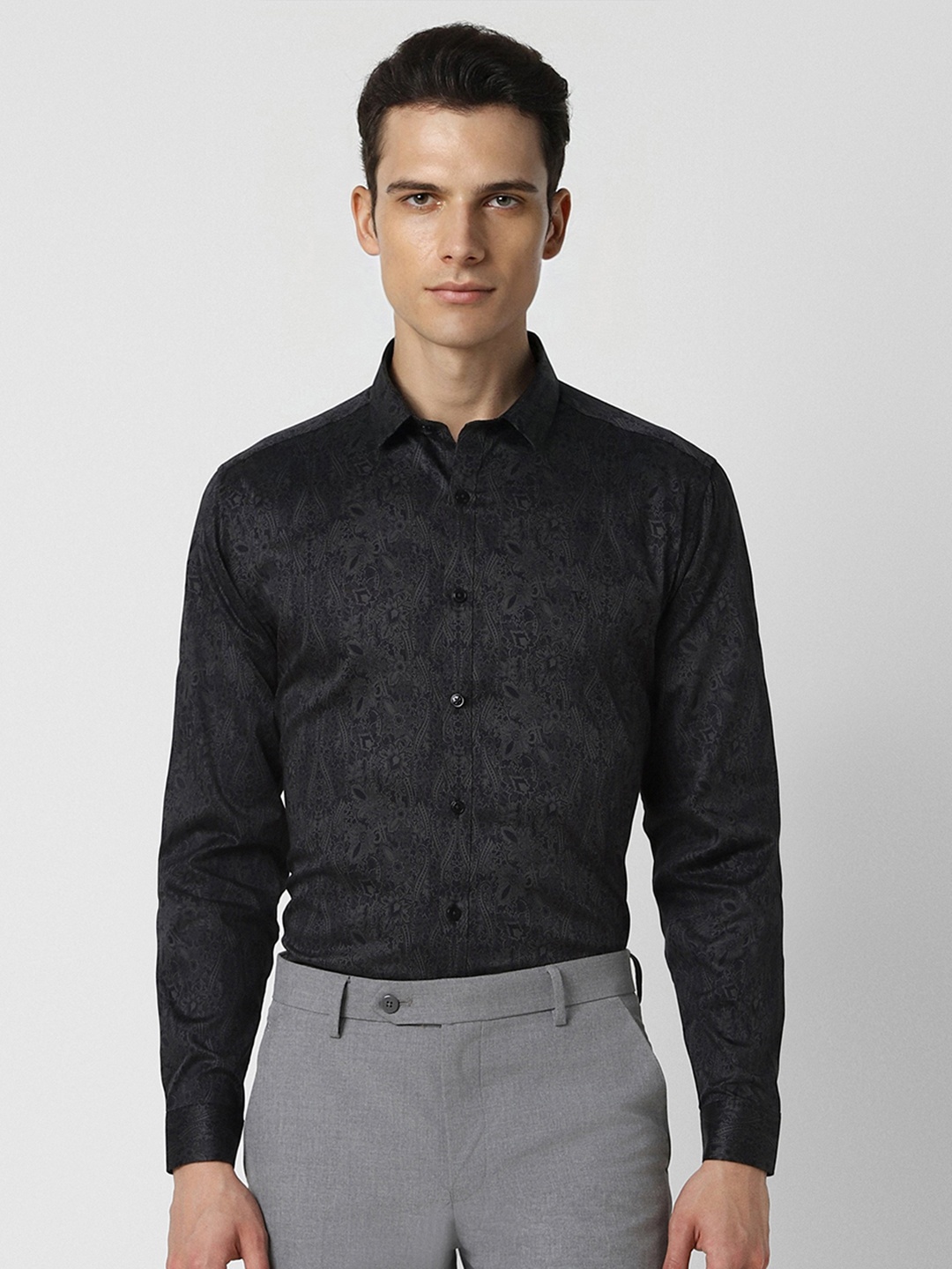 

V Dot Slim Fit Floral Printed Formal Shirt, Black