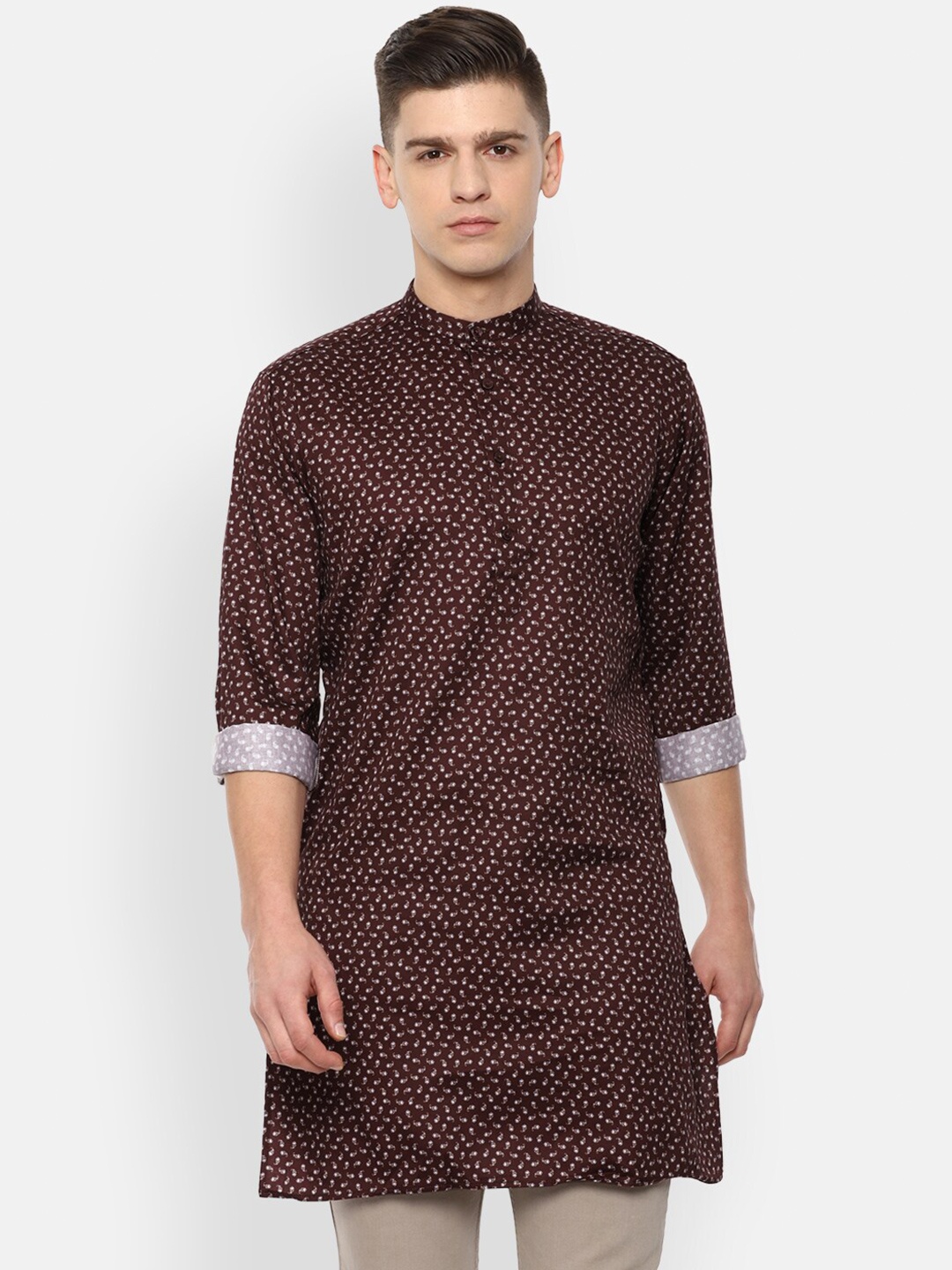 

V Dot Printed Slim Fit Longline Party Shirt, Maroon