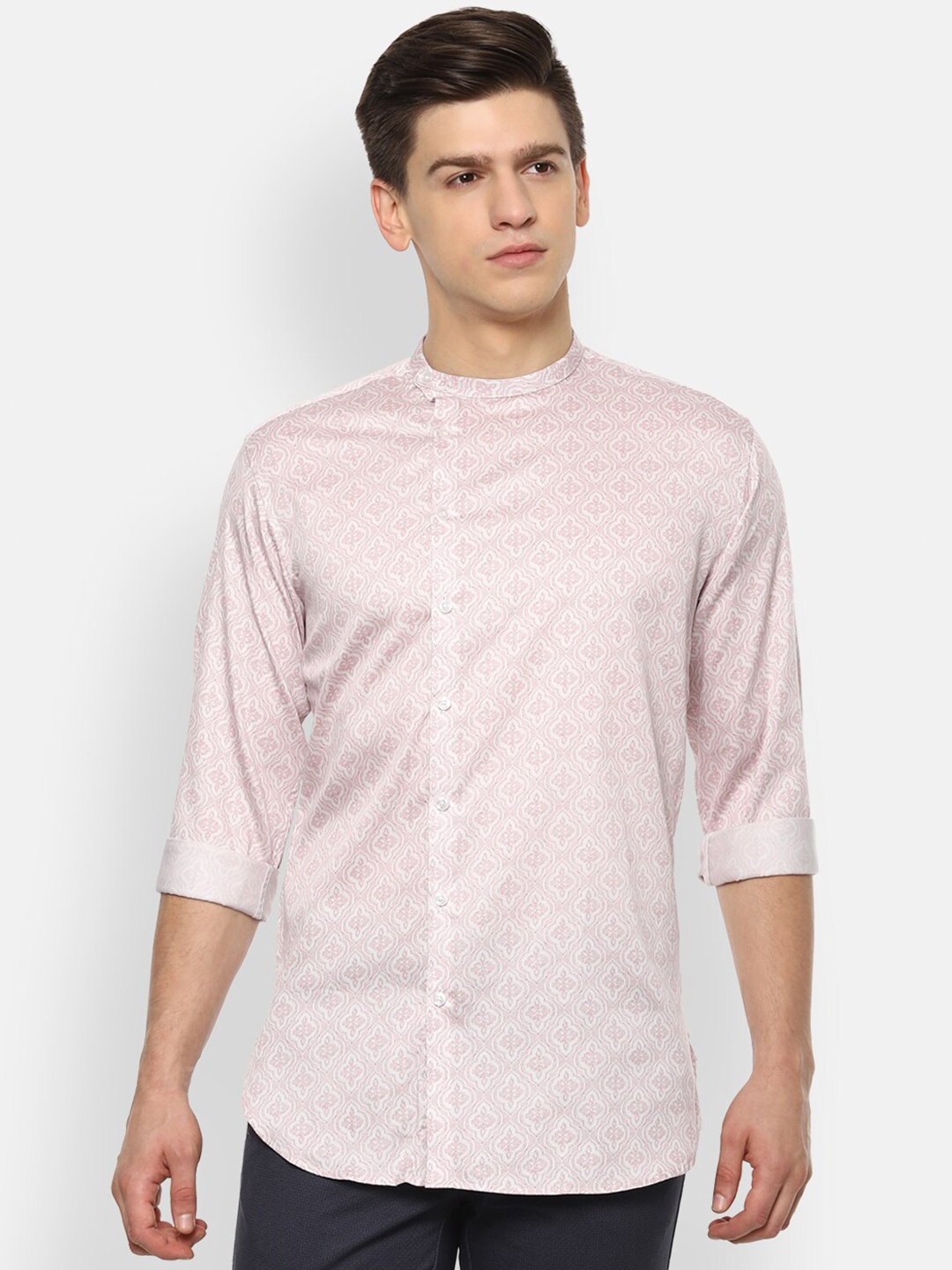 

V Dot Printed Mandarin Collar Slim Fit Cotton Party Shirt, Pink